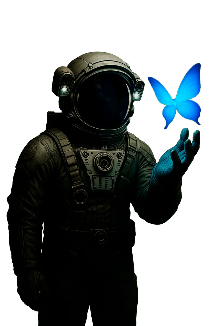 Astronauta de Vulcano sosteniendo una mariposa bioluminiscente
